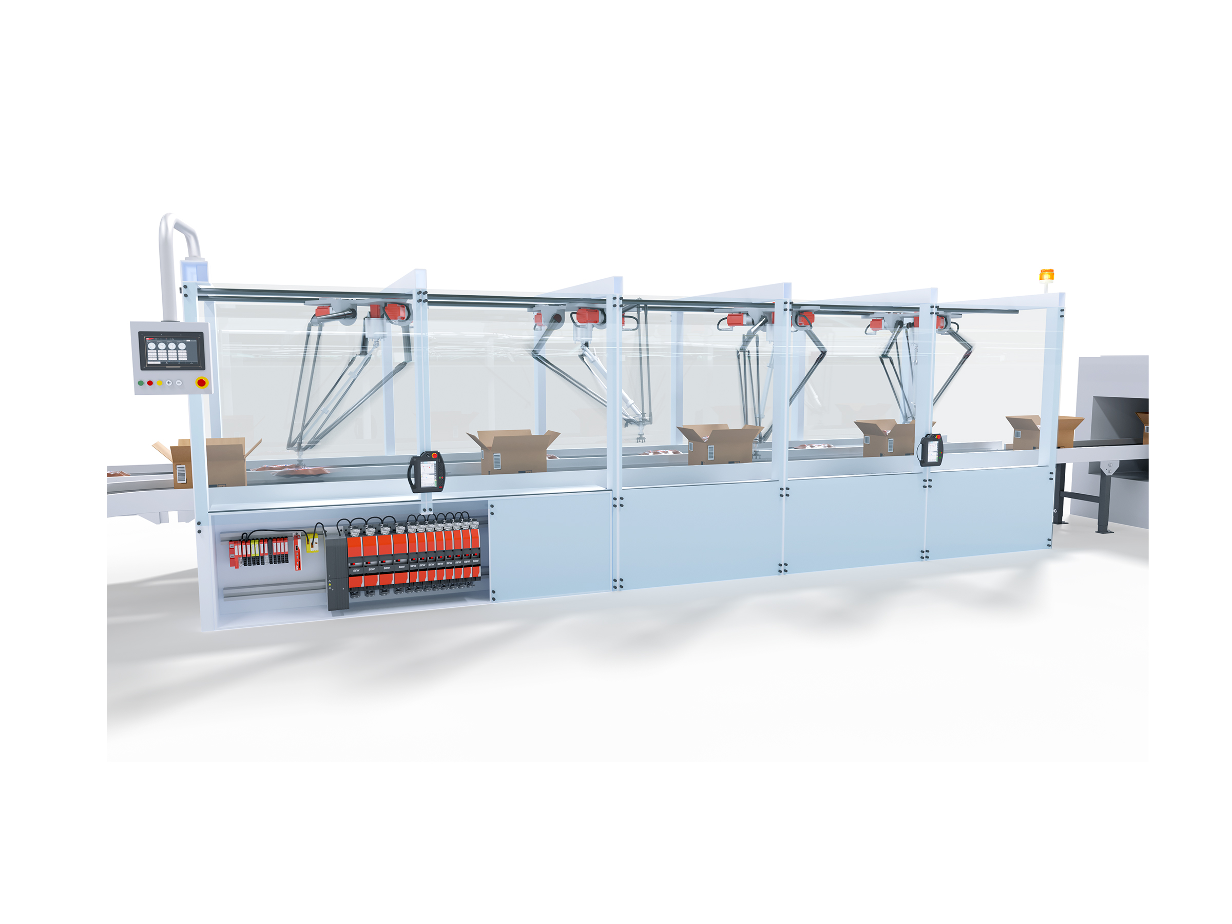Sammelpacker mit Roboter Kinematik Silberner Sammelpacker mit Kartons auf einem Förderband und Kinematikarmen hinter Glasscheiben
