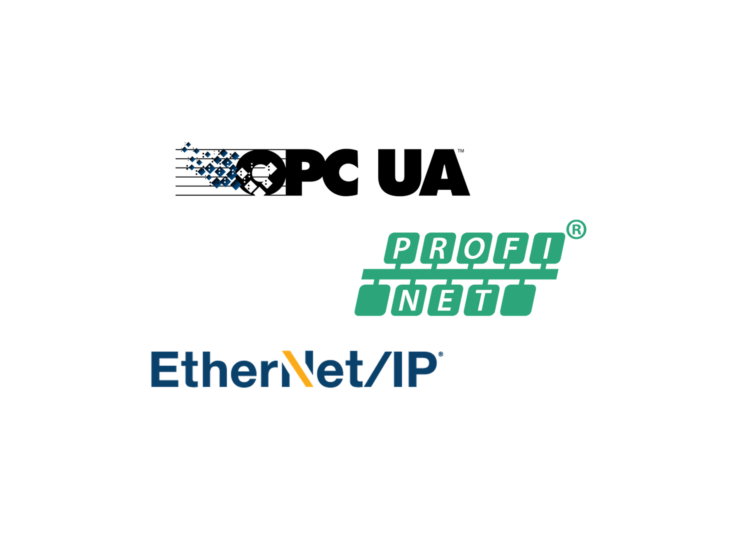 OPC UA, PROFINET® und EtherNet/IP Logo OPC UA, PROFINET® und EtherNet/IP Logo auf weißem Grund