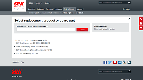 Looking for a replacement for a SEW-EURODRIVE product? On this tour, we demonstrate how to find a replacement part or product using the various search criteria, and which actions are then open to you.